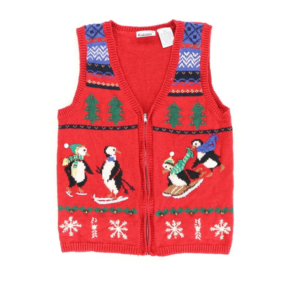 Vintage Ugly Christmas Sweater Vest Penguins Ski